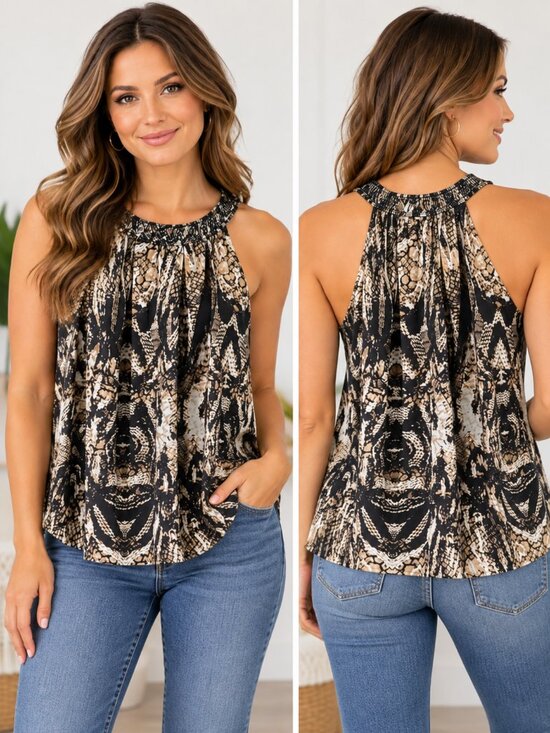 Worthington Tops - Worthington Snake Print Halter-type Top Beaded High Gathered Neckline Women's M
